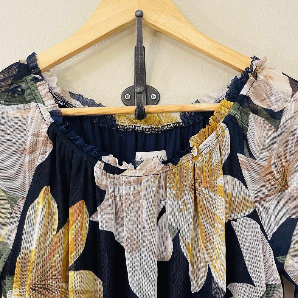 Kate & Lilly Floral Maxi Dress Mesh Long Sleeve Navy Yellow Tiered Ruffles Sz 4 - Picture 2 of 9